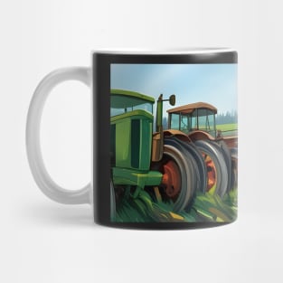 Old green tractors out standing in a field Mug